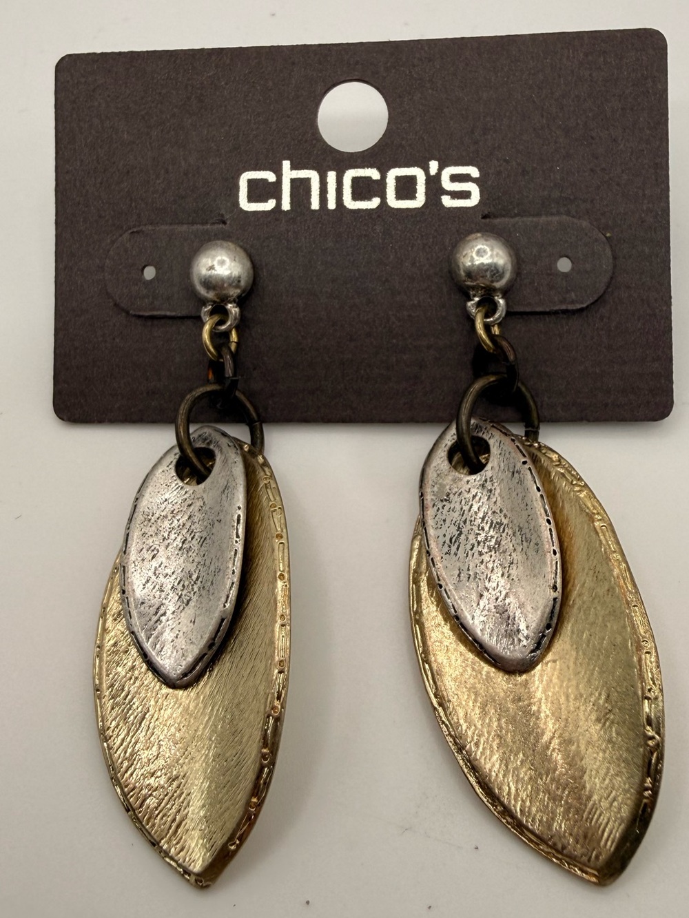 Chico’s Two Tone Gold Silver Layered Leaf Drop Earrings New on Card